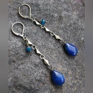 Lapis, Apatite & Oxidized Brass Leverback Earrings Long Harlequin Chain